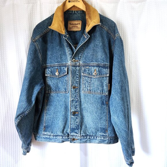 Vintage Timberland Weathergear Denim Jean Jacket Men’s Large Trucker Biker - Picture 1 of 10